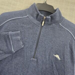 Tommy Bahama Relax Mens Large Blue 1/4 Zip Mock Neck Cotton Pullover Sweater